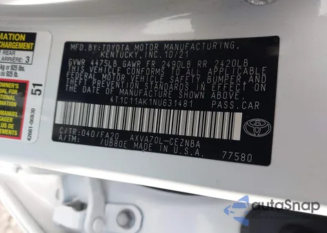 2022 Toyota Camry Le из США, поврежденный, VIN 4T1C11AK1NU631481